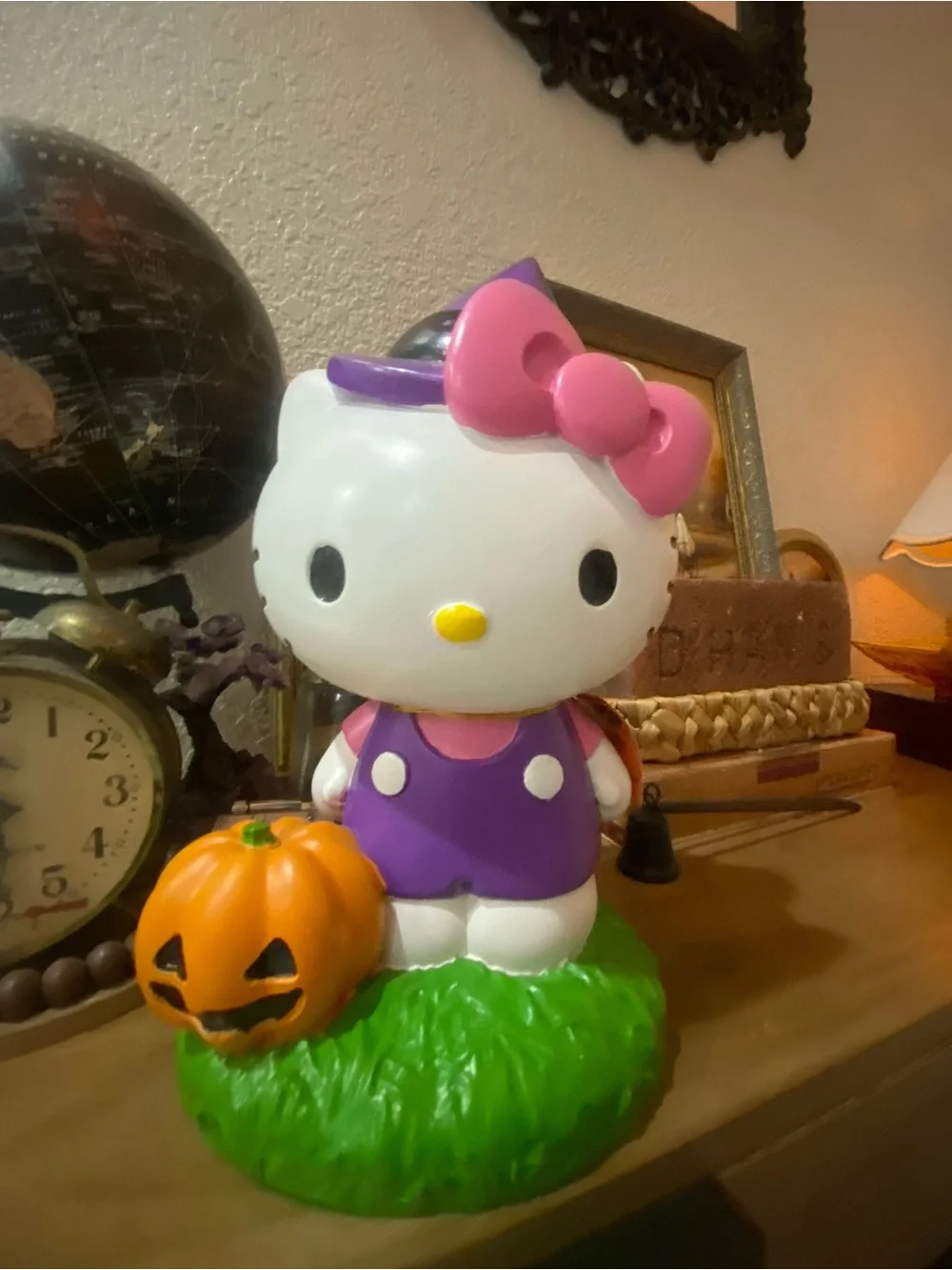 Purple Halloween Cat Figurine with Pumpkin - Home Decor